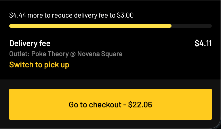 Atlas Online checkout showing a progress bar with the message '$4.44 more to reduce delivery fee to $3.00', a current delivery fee of $4.11, and a Go to checkout button.