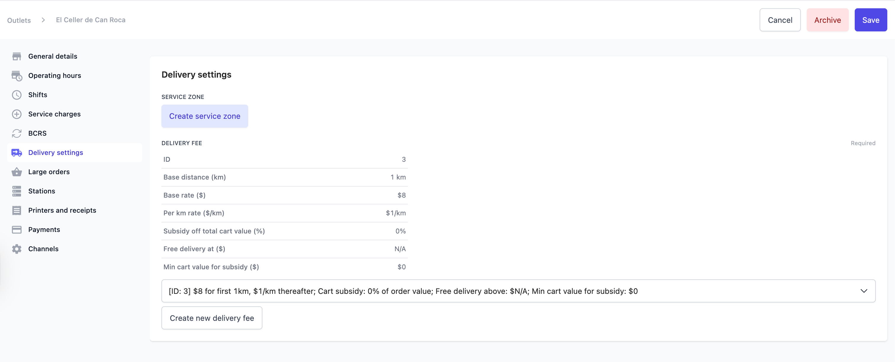 The Delivery settings section in Outlet settings, showing the delivery fee config with base distance, base rate, per km rate, subsidy, free delivery, and the config dropdown.