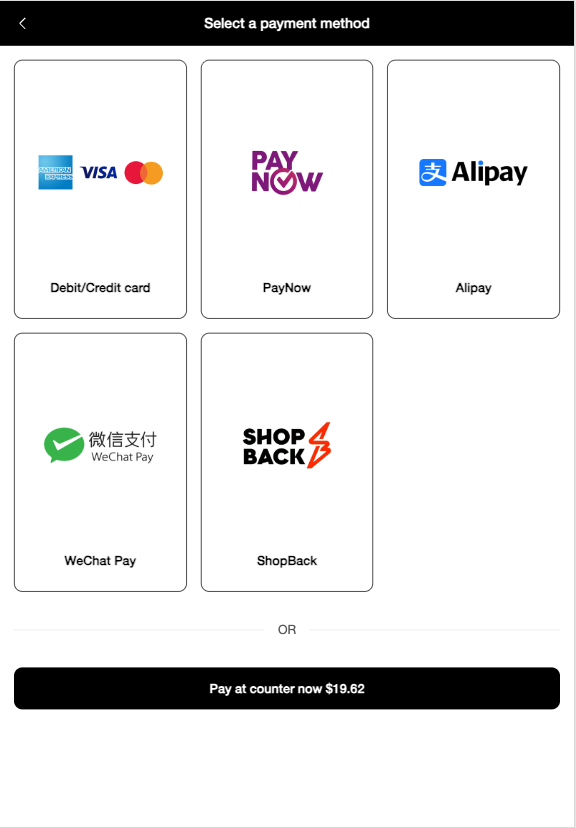 Atlas Kiosk Select a payment method screen showing a ShopBack tile alongside Debit/Credit card, PayNow, Alipay and WeChat Pay