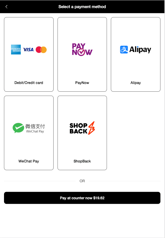 Atlas Kiosk Select a payment method screen showing a ShopBack tile alongside Debit/Credit card, PayNow, Alipay and WeChat Pay
