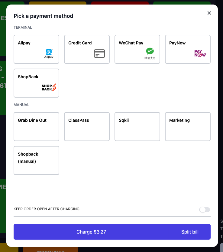 Atlas POS Pick a payment method screen with ShopBack listed under Terminal alongside Alipay, Credit Card, WeChat Pay and PayNow