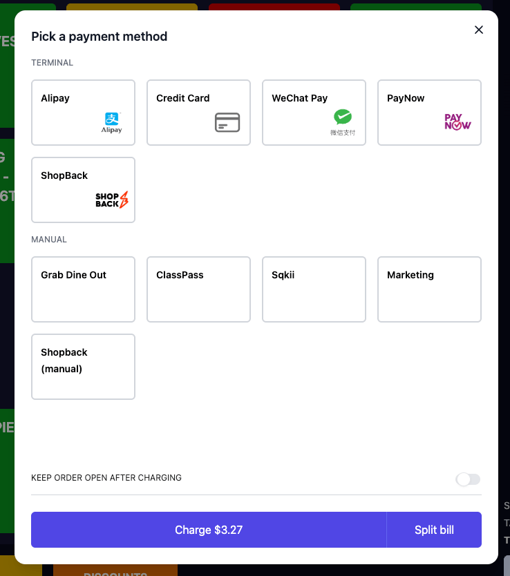 Atlas POS Pick a payment method screen with ShopBack listed under Terminal alongside Alipay, Credit Card, WeChat Pay and PayNow