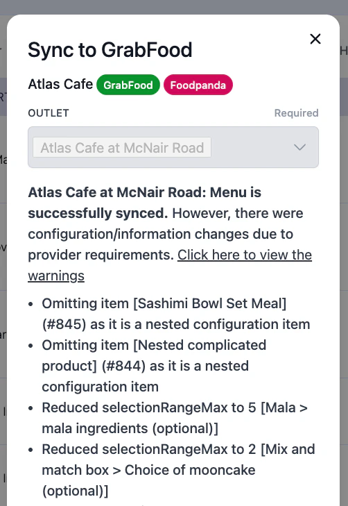 Sync to GrabFood result for Atlas Cafe at McNair Road. The menu synced successfully with warnings: two items omitted as nested configuration items, and two modifier groups with their selection max reduced.