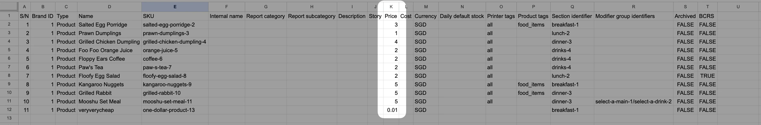 Exported product CSV in a spreadsheet with the Price column highlighted.