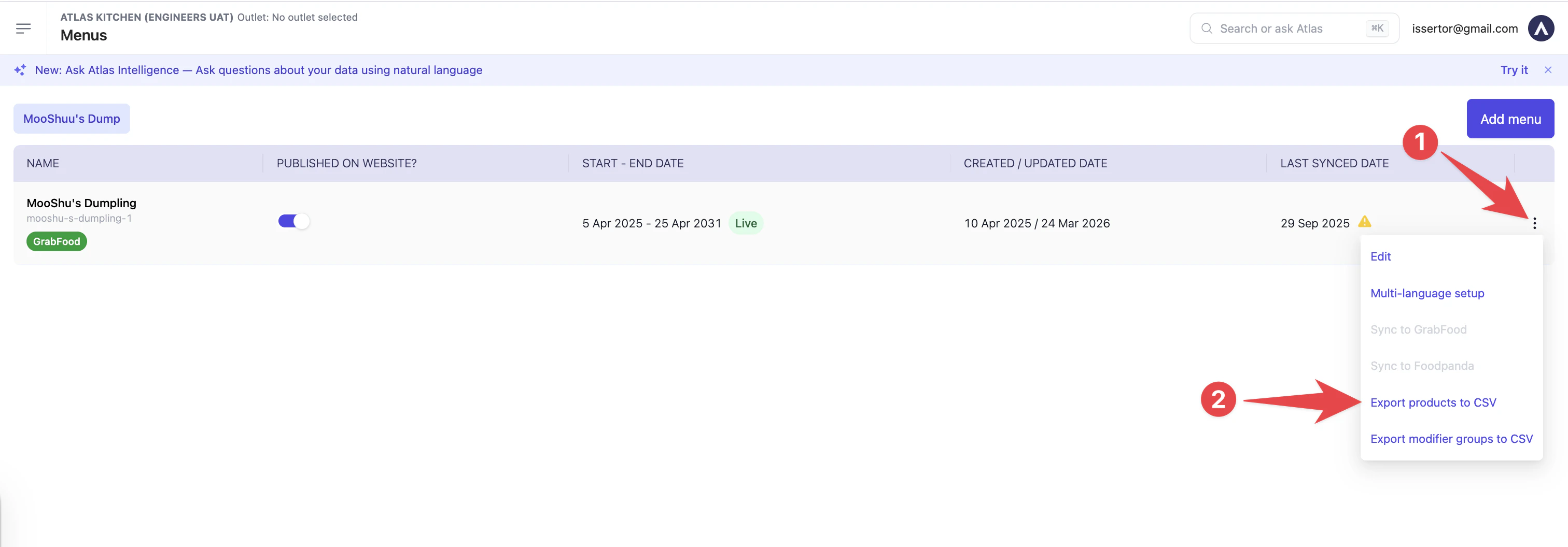 Menus page with the three-dot menu open, showing Export products to CSV.