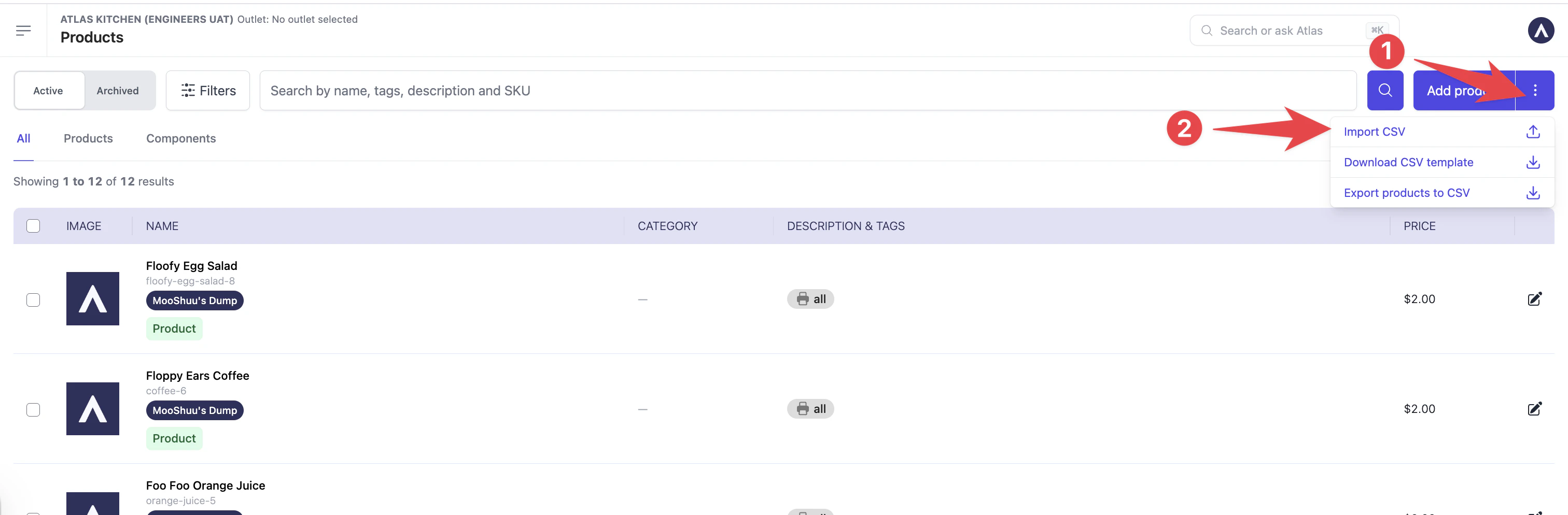 Products page with the three-dot menu open, showing Import CSV.