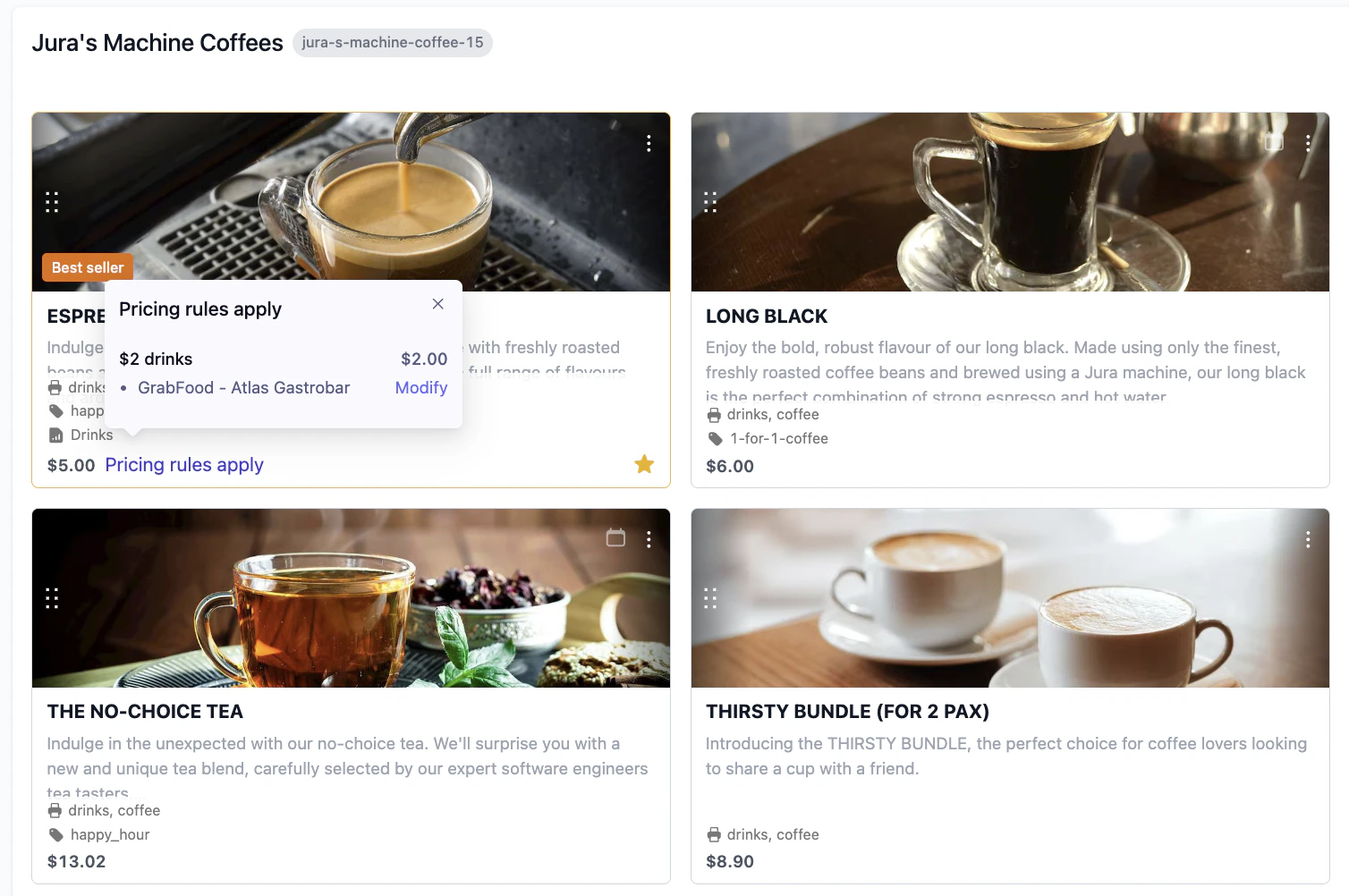 A product tile in the menu builder with a Pricing rules apply popover open, listing the $2 drinks rule at $2.00 on GrabFood with a Modify link.