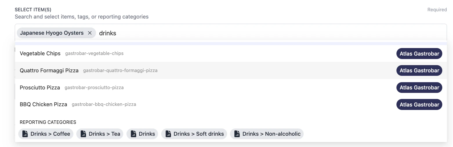 Select items field showing matching products and a Reporting categories row with Drinks category chips.
