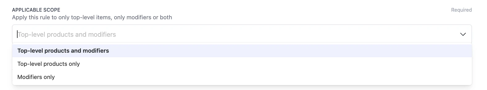 Applicable scope dropdown open, showing Top-level products and modifiers, Top-level products only, and Modifiers only.