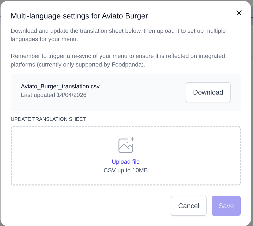 Multi-language settings modal showing the translation CSV file with a Download button and an Update translation sheet upload area