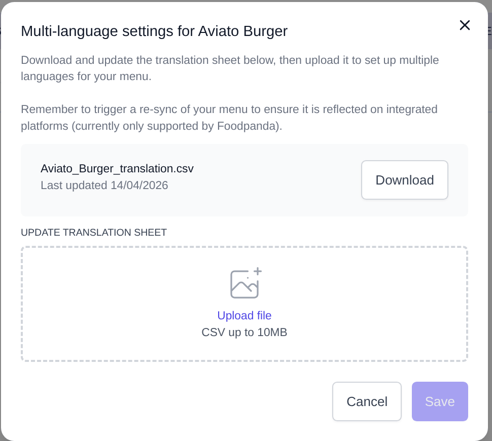 Multi-language settings modal showing the translation CSV file with a Download button and an Update translation sheet upload area