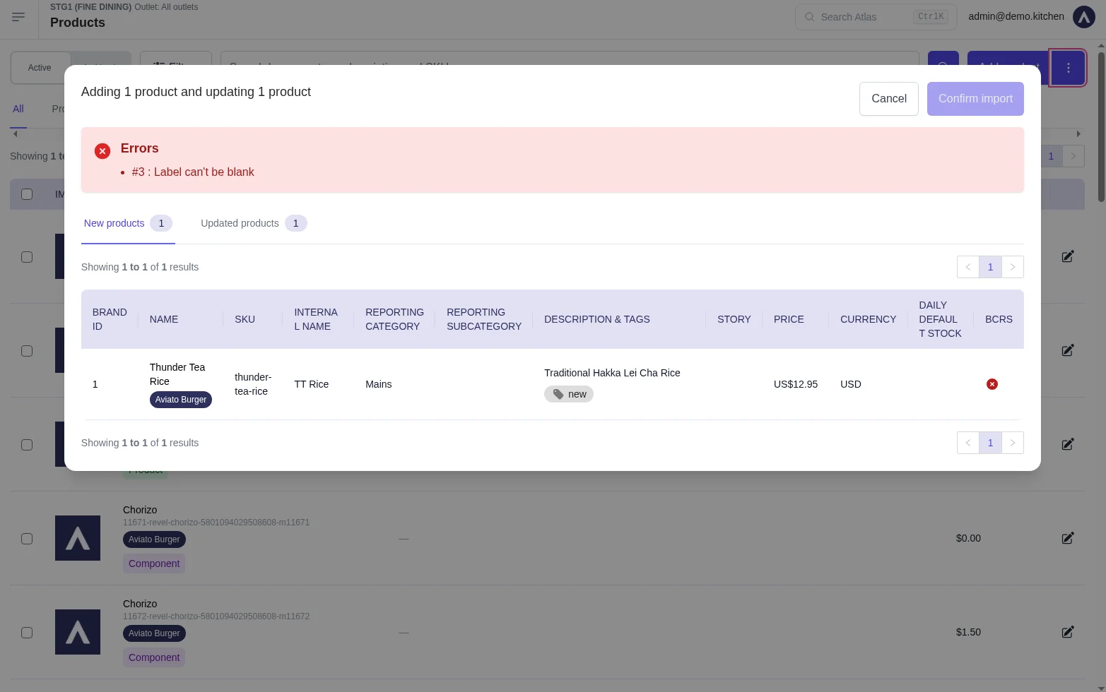 Import preview modal with a red Errors list at the top and the Confirm import button greyed out.