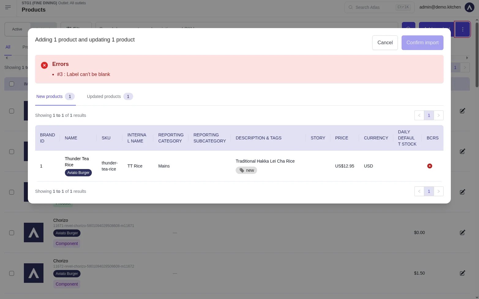 Import preview modal with a red Errors list at the top and the Confirm import button greyed out.