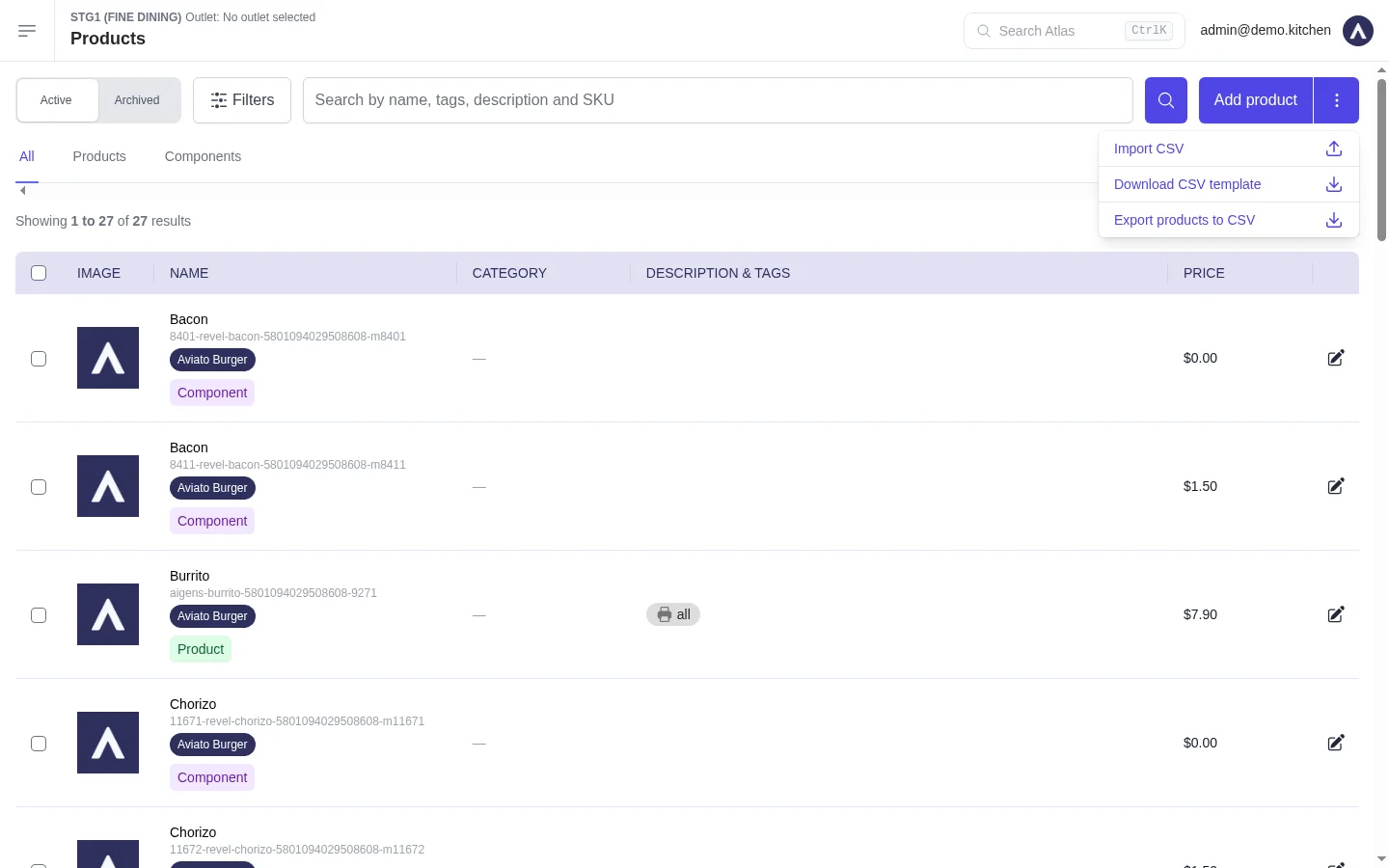 Products page with the three-dot menu open, showing Import CSV, Download CSV template, and Export products to CSV.