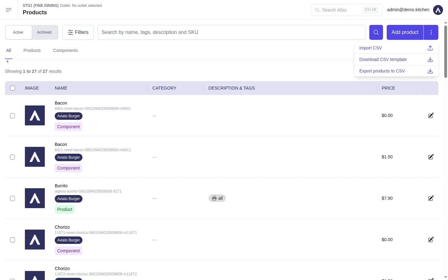 Products page with the three-dot menu open, showing Import CSV, Download CSV template, and Export products to CSV.