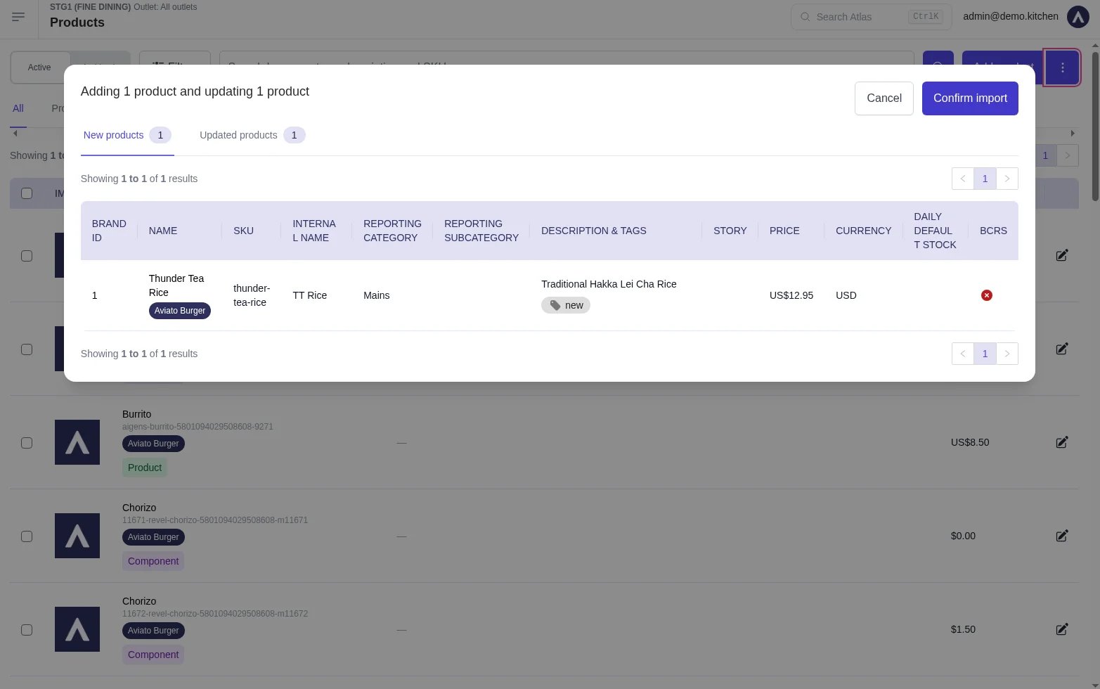 Import preview modal titled Adding 1 product and updating 1 product, with New products and Updated products tabs and a Confirm import button.