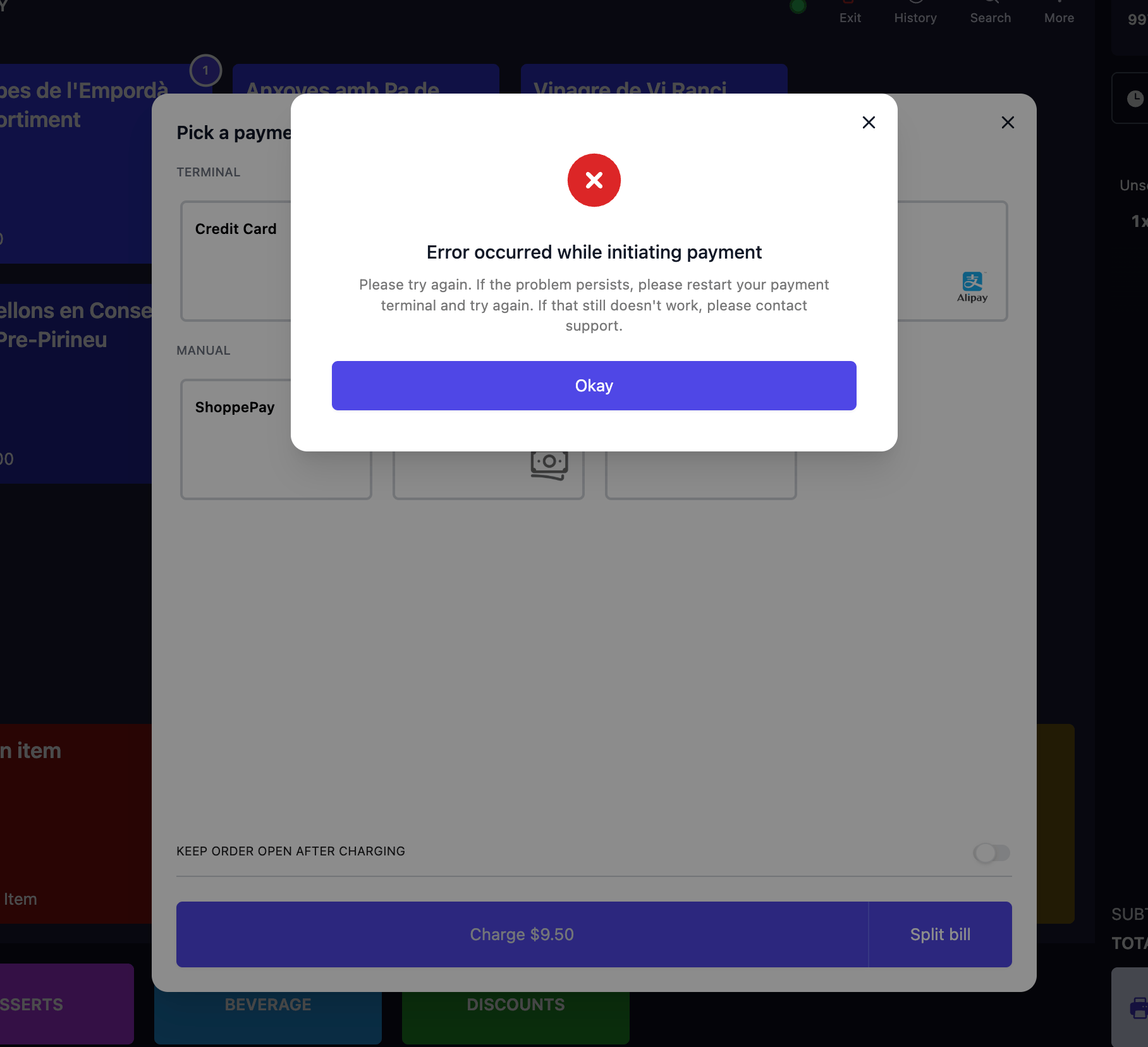 Atlas POS Pick a payment modal showing an 'Error occurred while initiating payment' dialog that advises to try again, restart the payment terminal, then contact support.