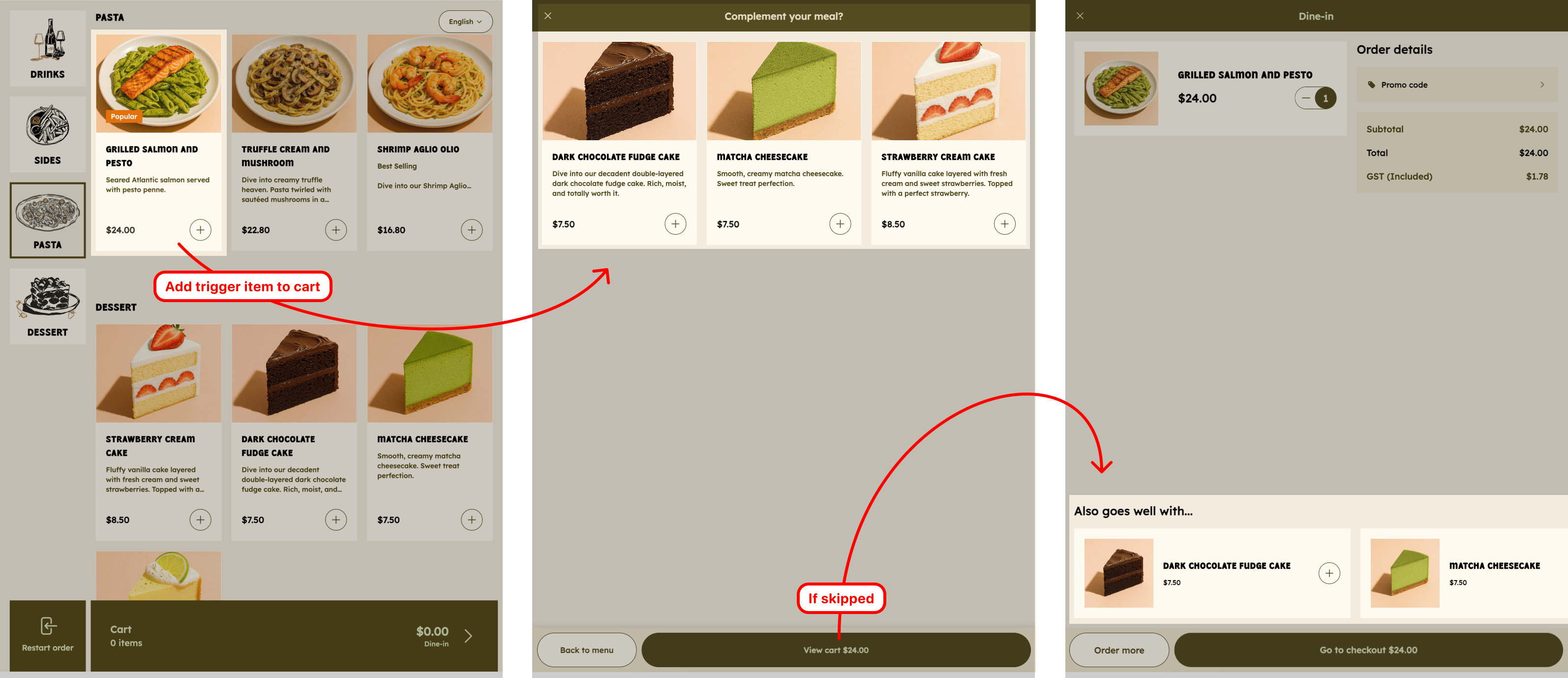 Cross-sell flow: menu, popup, and cart suggestion