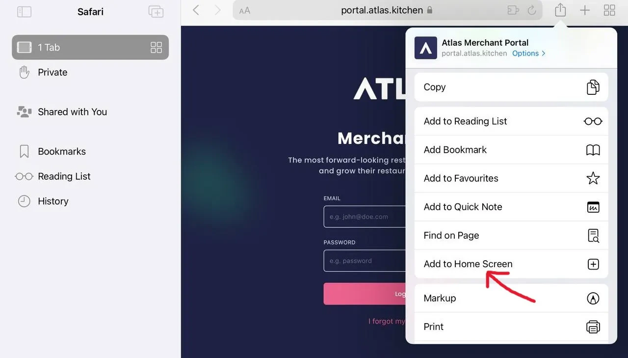 Browser menu showing Add to Home Screen option in Chrome three-dot menu and Safari share sheet