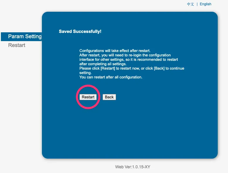 Printer configuration confirmation screen with Restart button to finalise WiFi connection setup