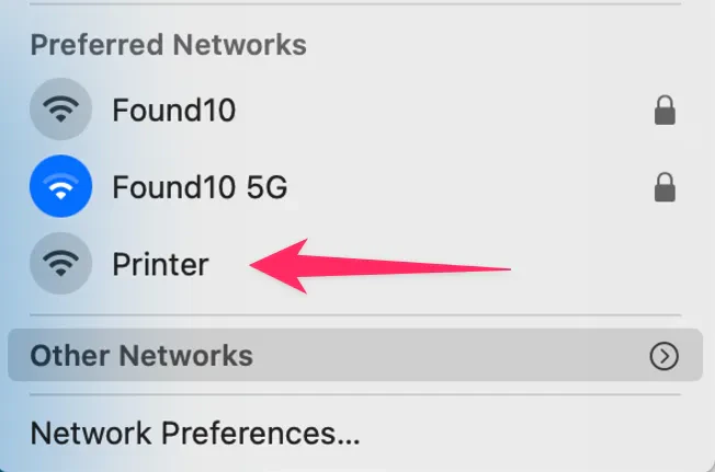 Device WiFi settings showing Printer network in available networks list for connection