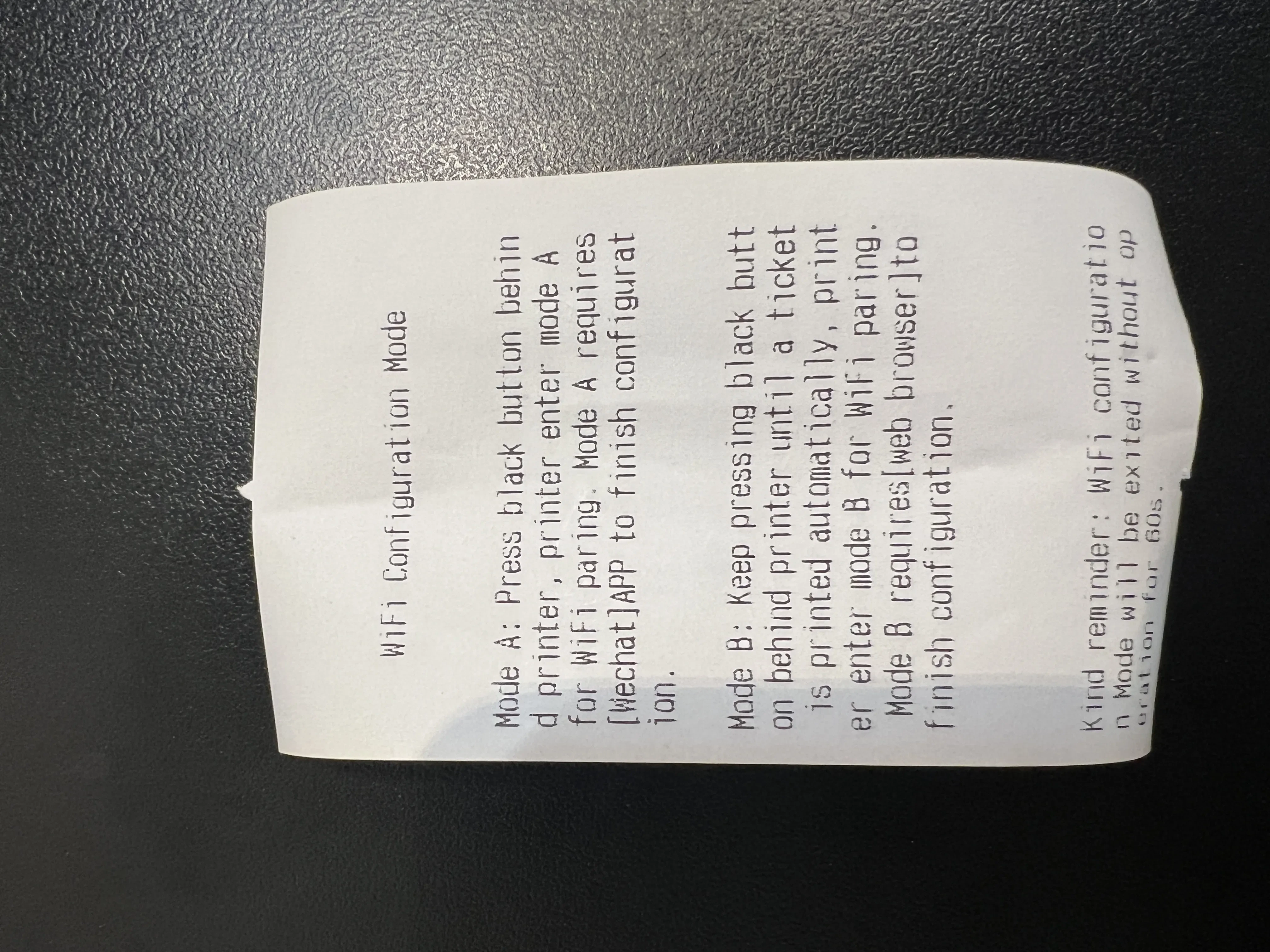 Printer configuration receipt showing Mode A and Mode B pairing options after first button press