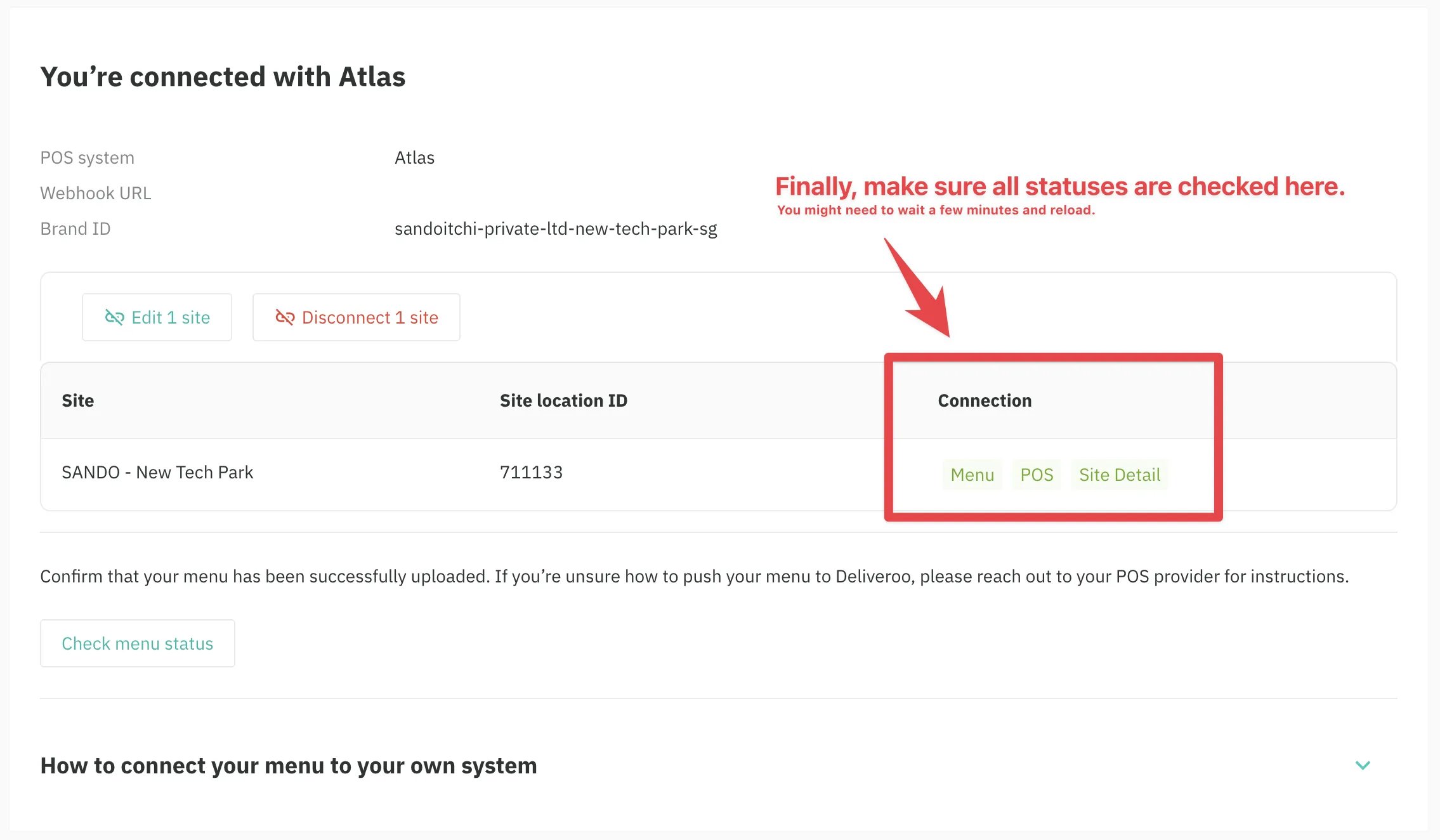 Deliveroo Integrations summary displaying green status tags for Menu, POS, and Site Detail indicating successful connection