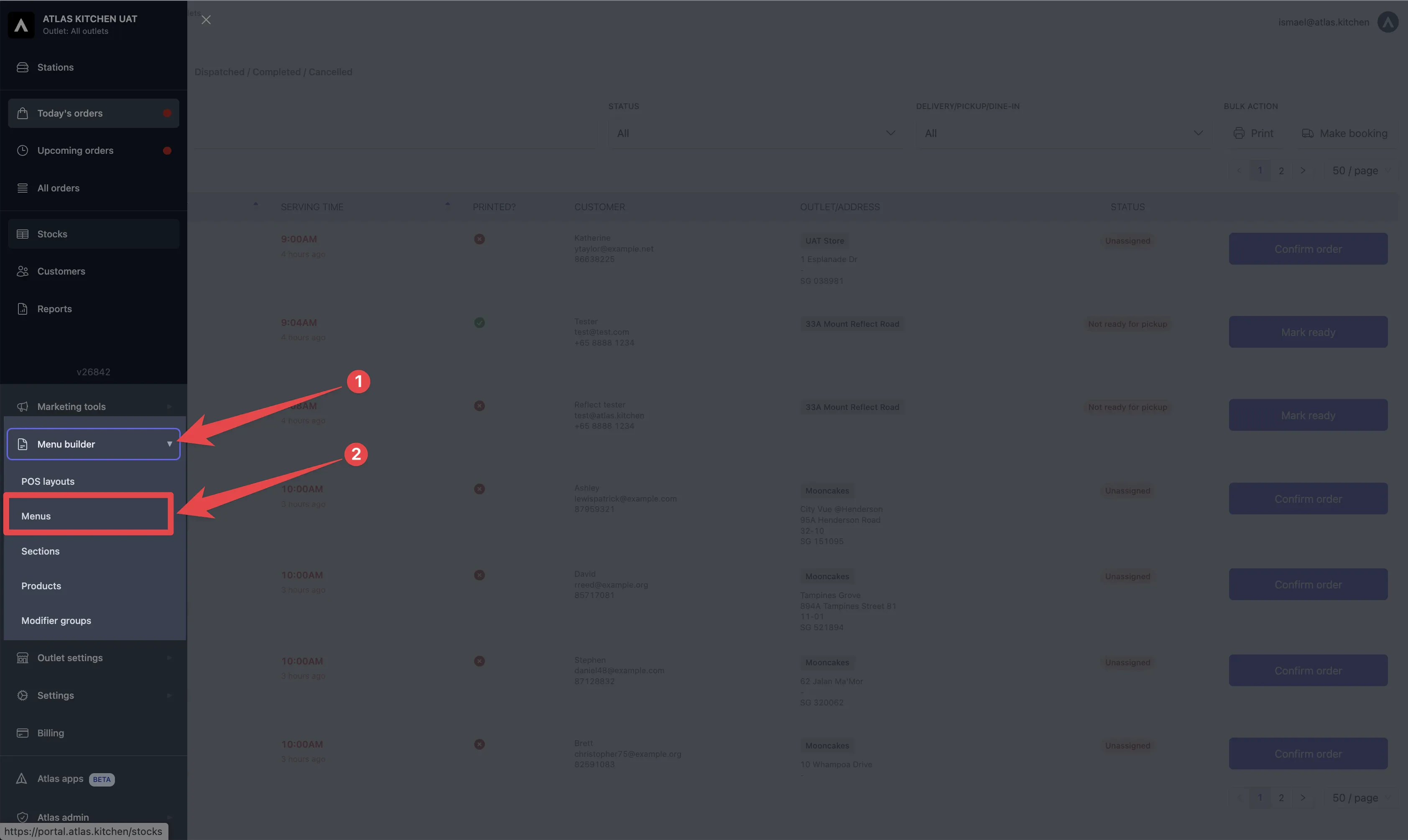 Atlas sidebar navigation showing Menu Builder expanded with Menus option highlighted