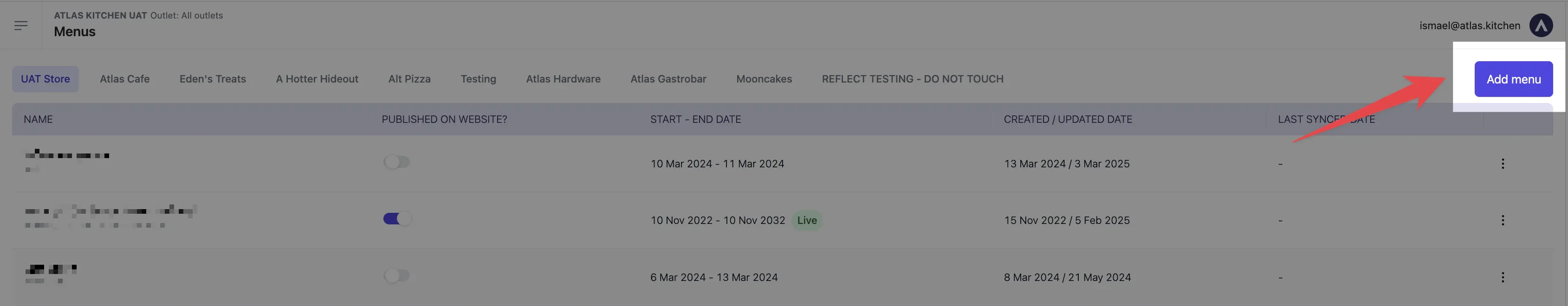 Menus page with Add Menu button in top-right corner to create new menu