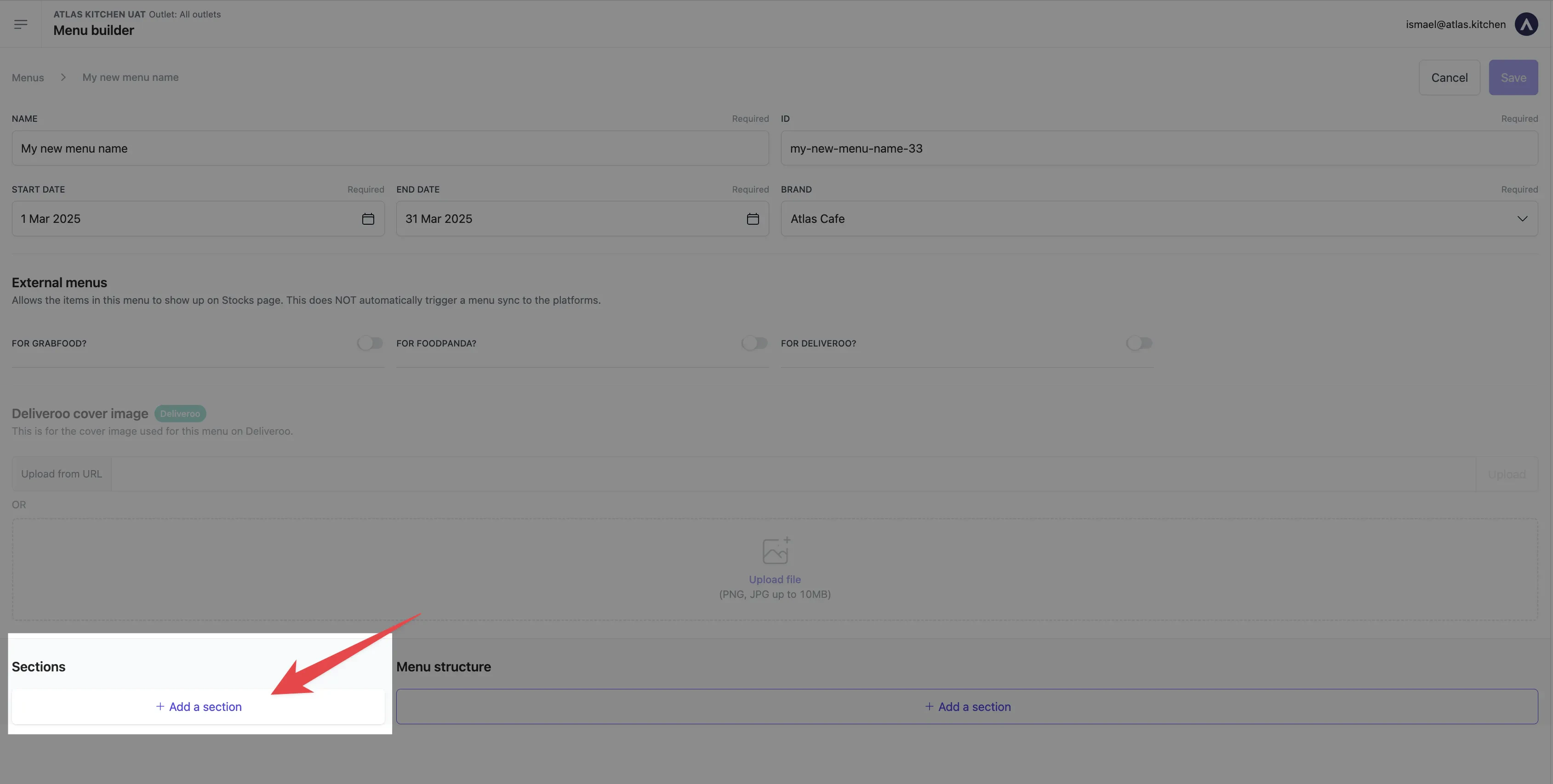 Menu editor showing Add a section button in left sidebar to create menu sections