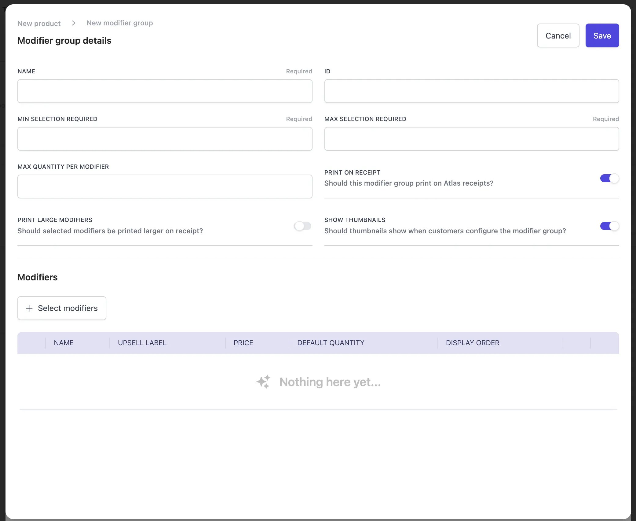 Modifier group details form showing Name, ID, Min/Max selection, Max quantity per modifier, and display options