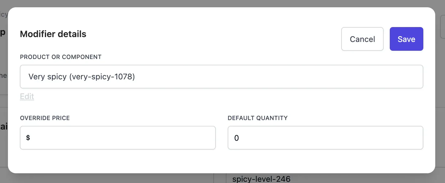 Modifier details showing Price override field to set custom price and Default quantity field for pre-selected amounts