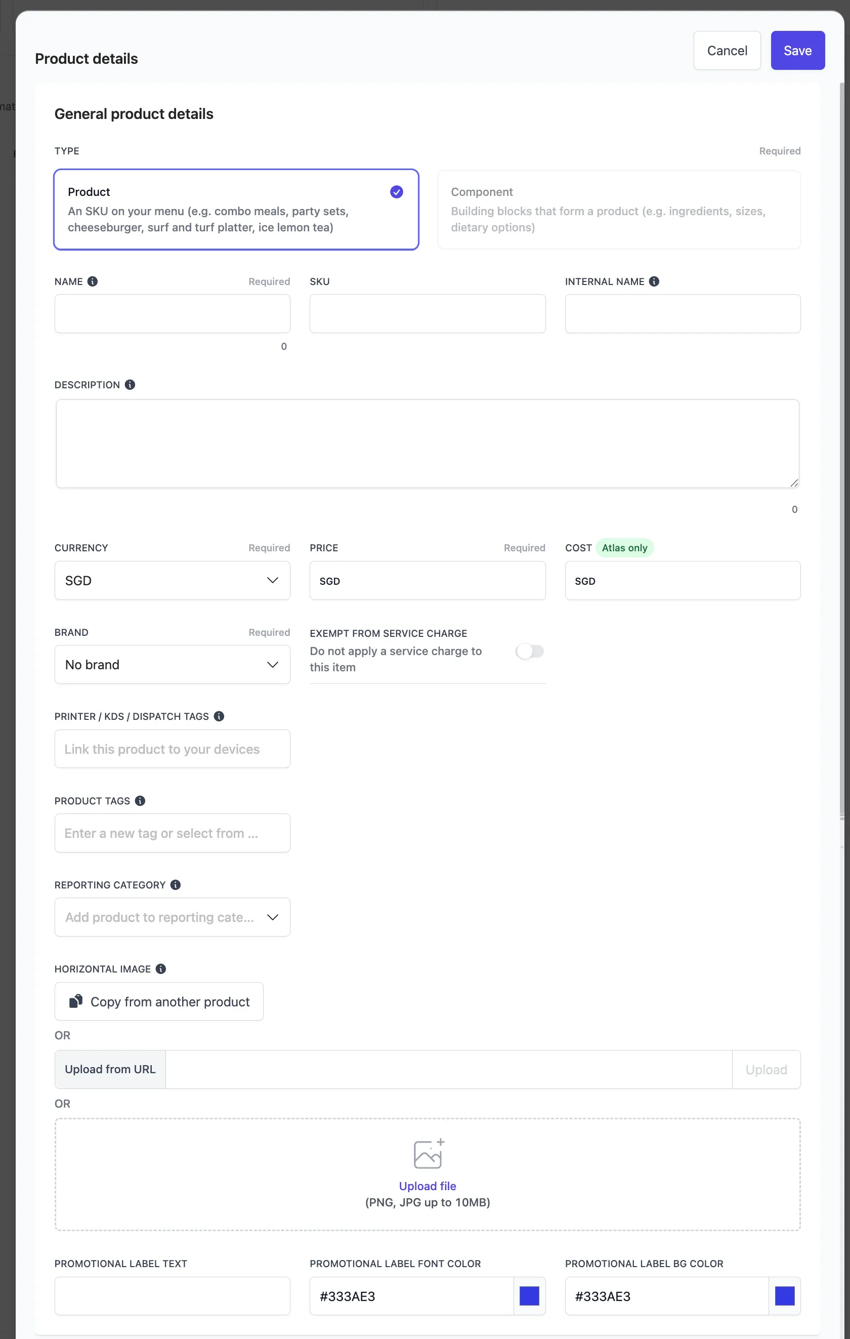 Product details form showing Name, SKU, Description, Price, Brand, Internal name, and configuration options like Exempt from service charge