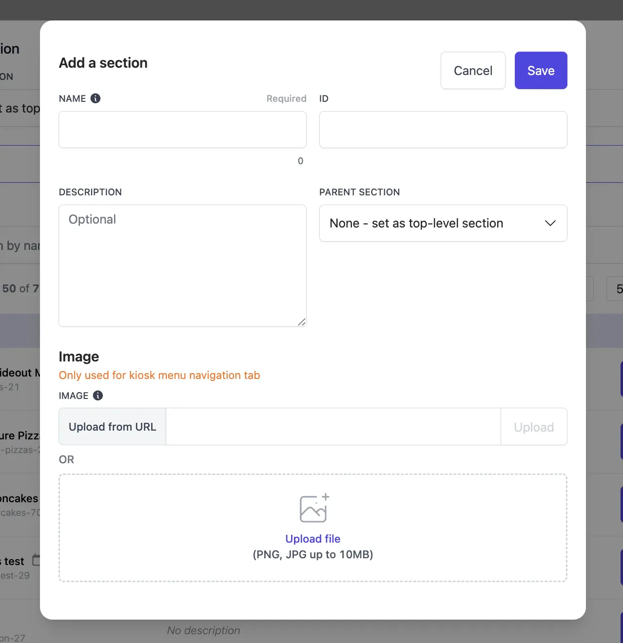 Section details form showing ID, Name, Description, and Image upload fields with Save button
