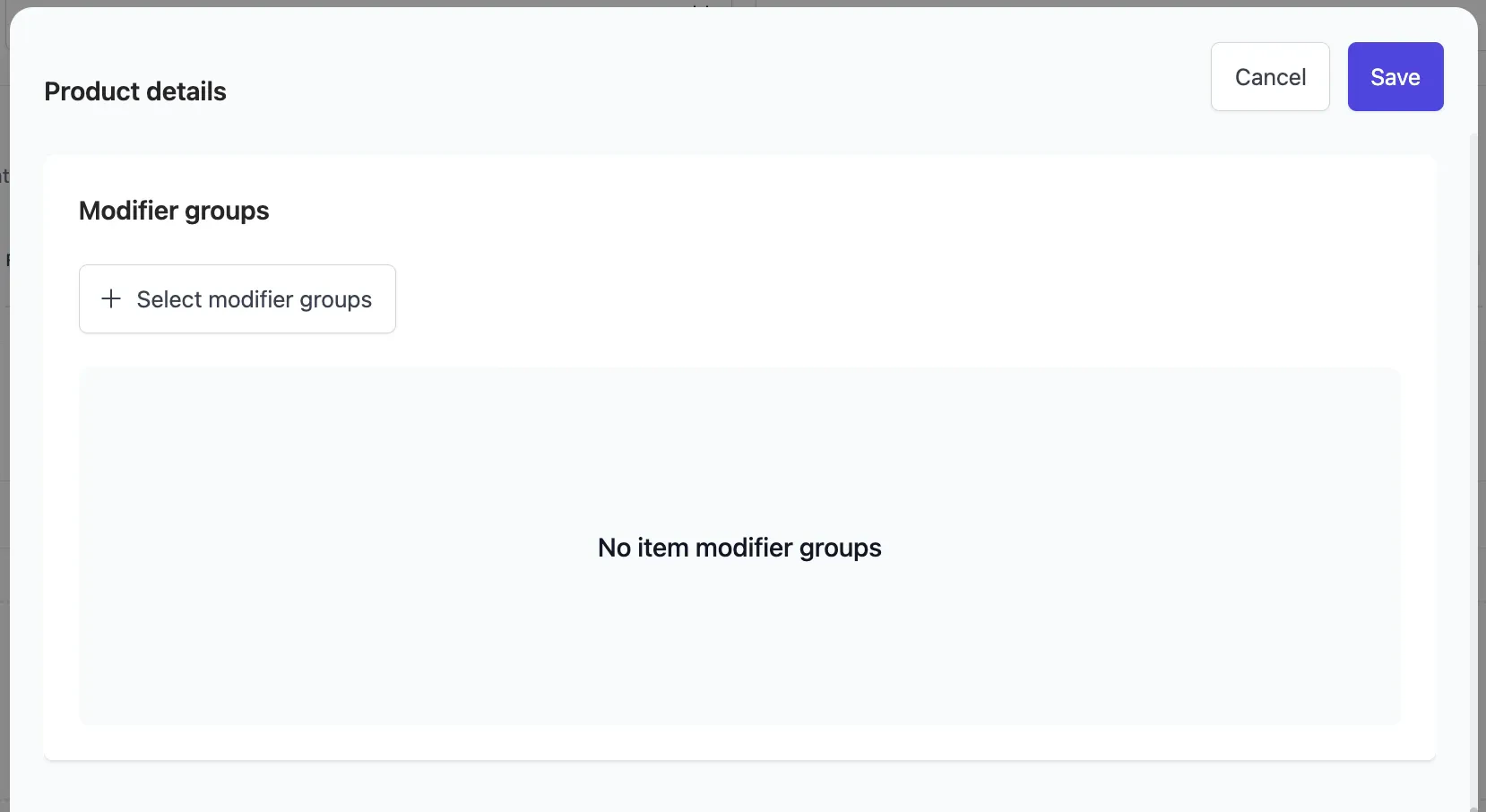 Product details showing Modifier groups section with Select modifier groups button to add customisation options