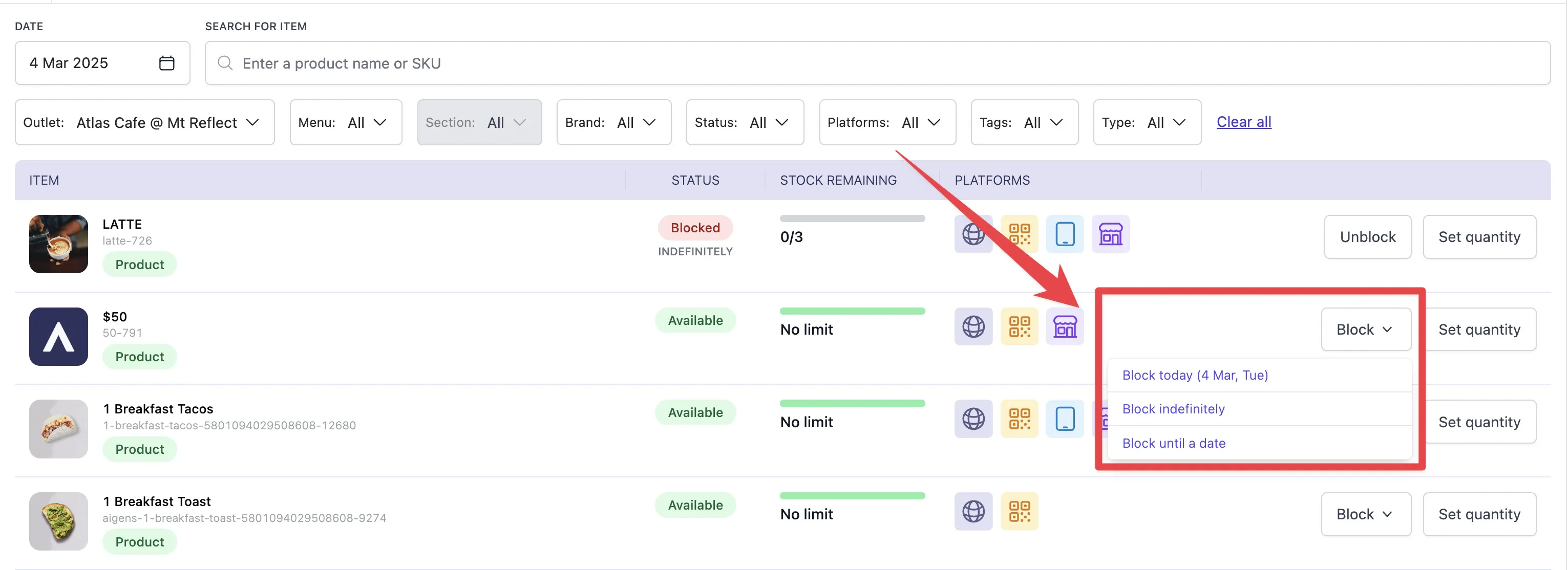 Blocking options dropdown showing today, indefinitely, and custom date options