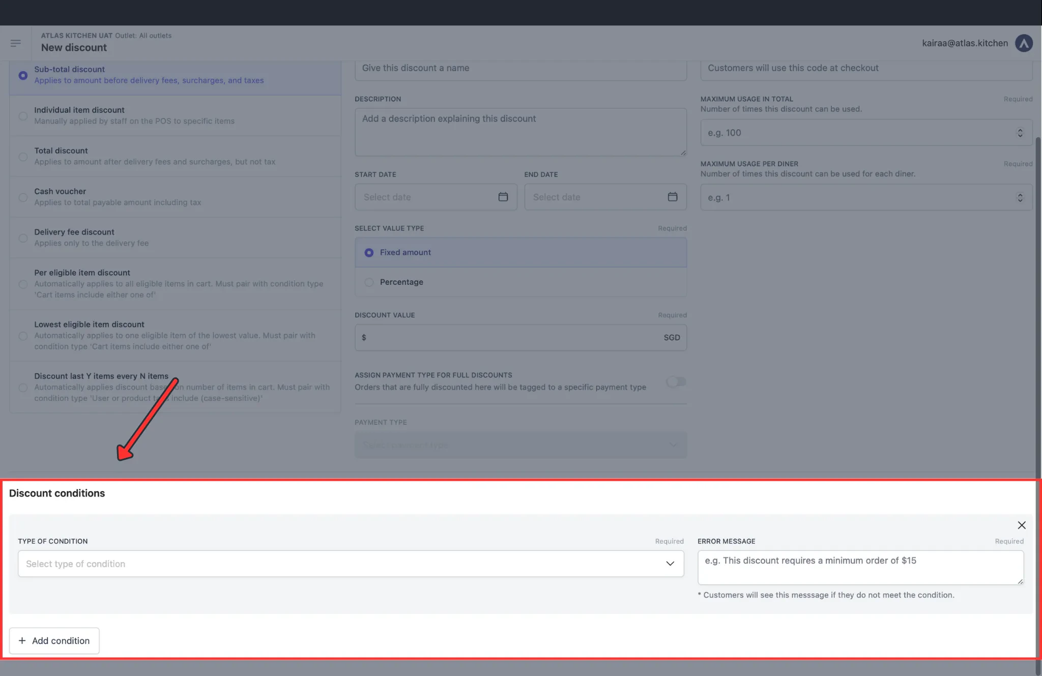 Discount conditions form showing User is registered equals Yes, Number of orders is less than 1, and Cart total minimum spend fields