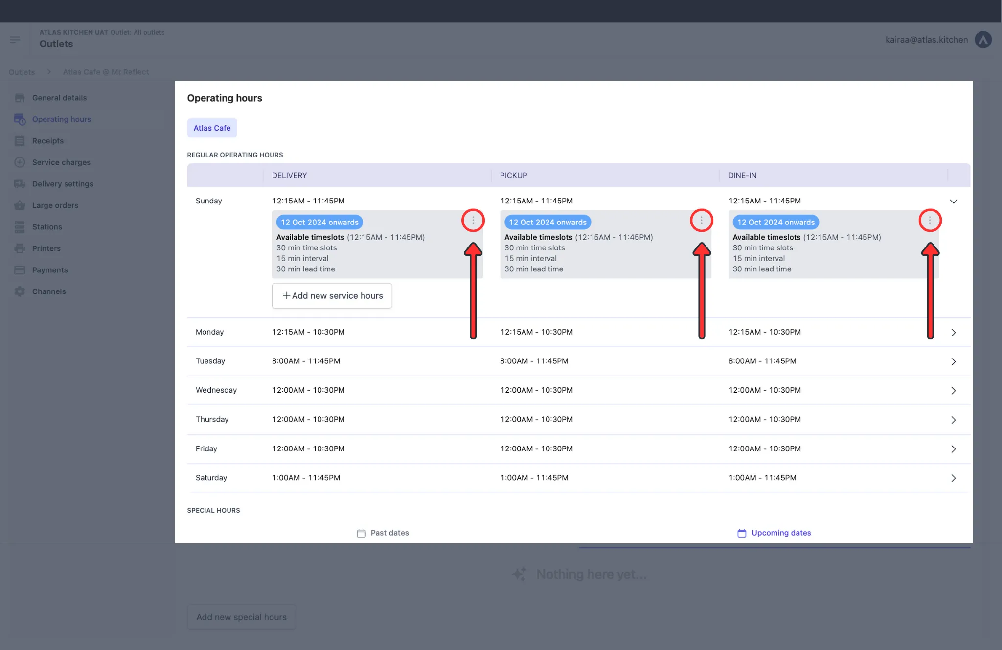 Operating hours time slot showing three-dot menu icon to edit or delete service hours