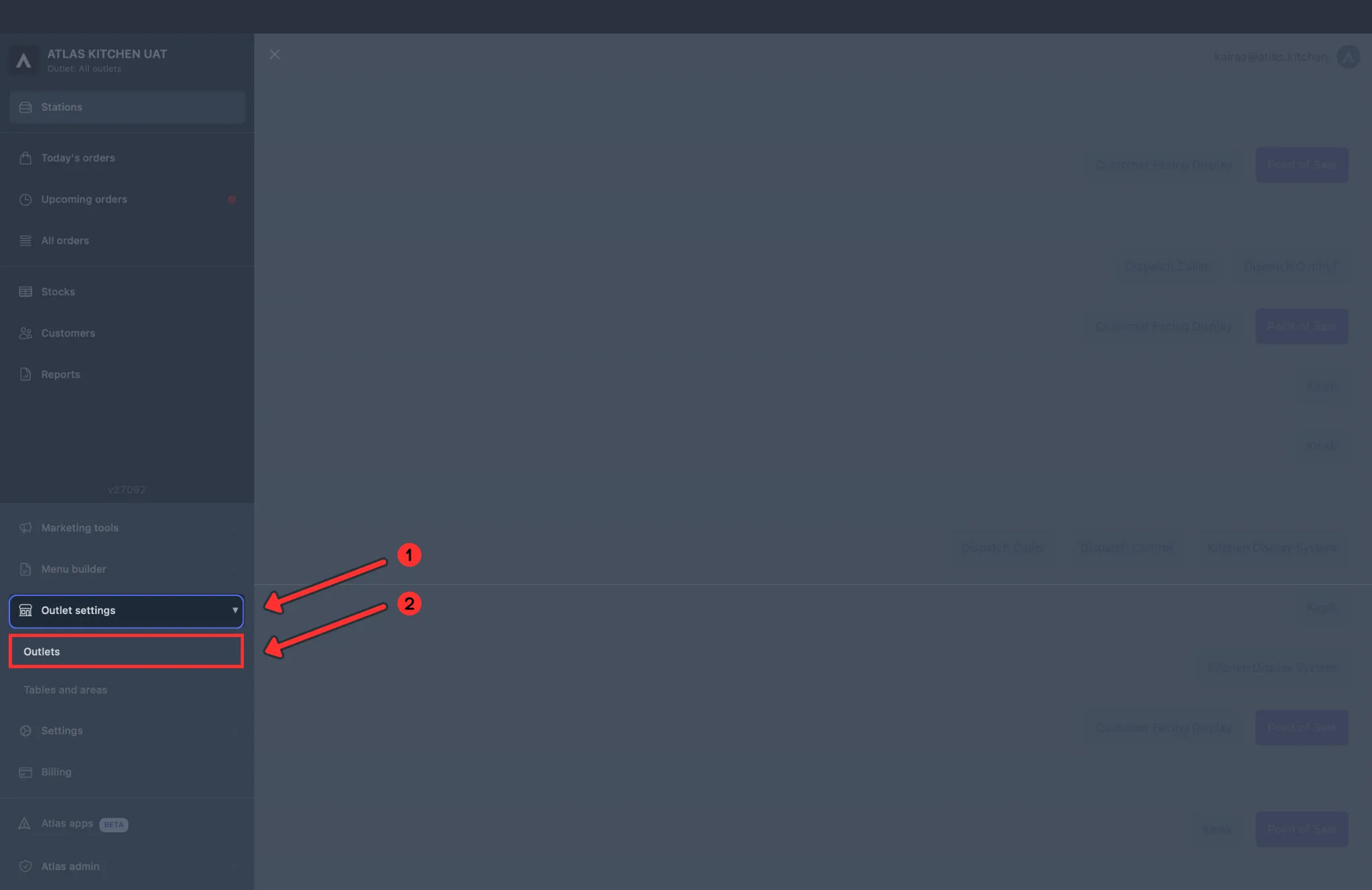 Atlas sidebar navigation menu showing Outlet Settings highlighted with Outlets submenu option