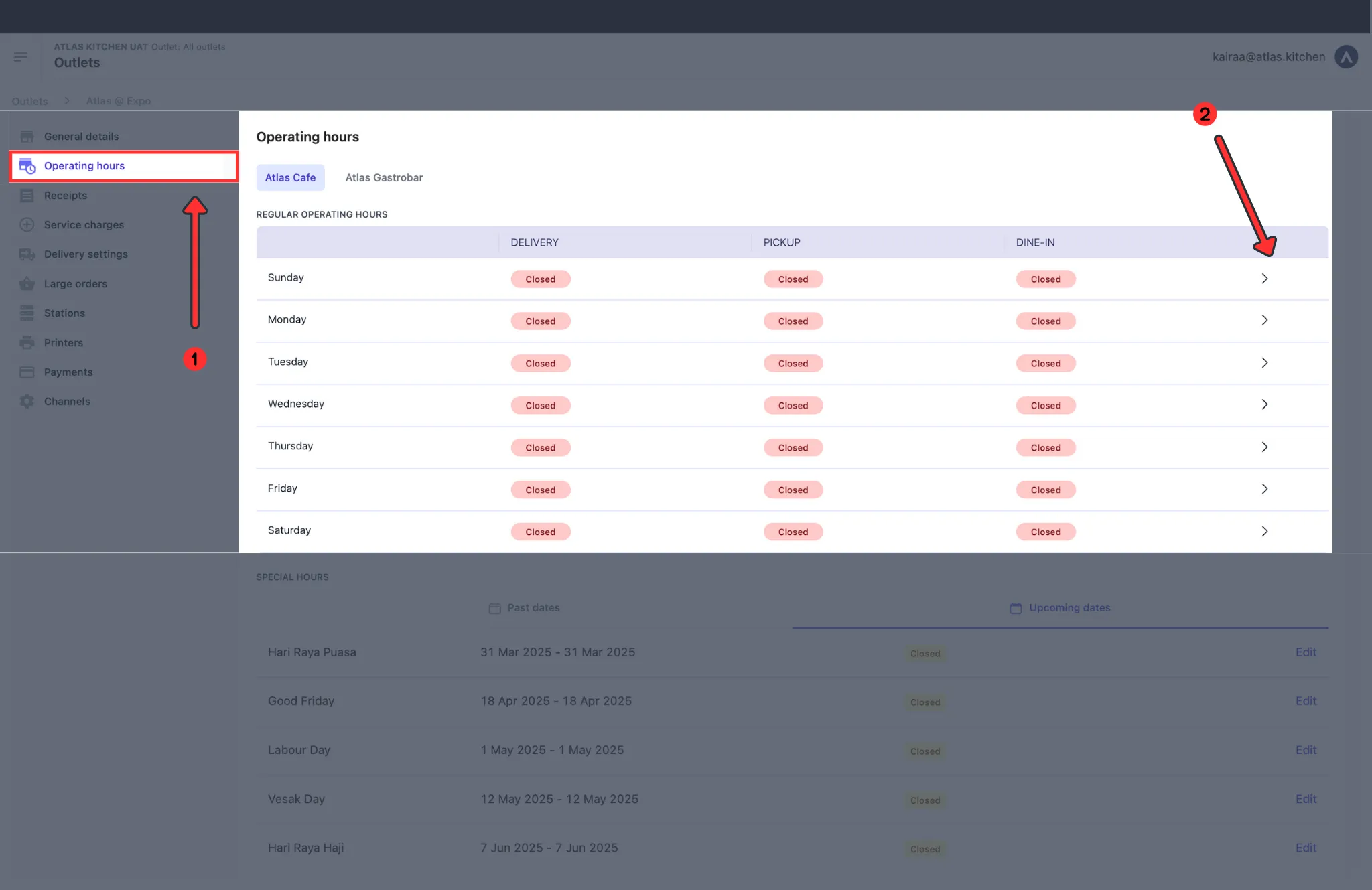 Outlet settings page with Operating Hours selected in left sidebar showing weekly calendar view