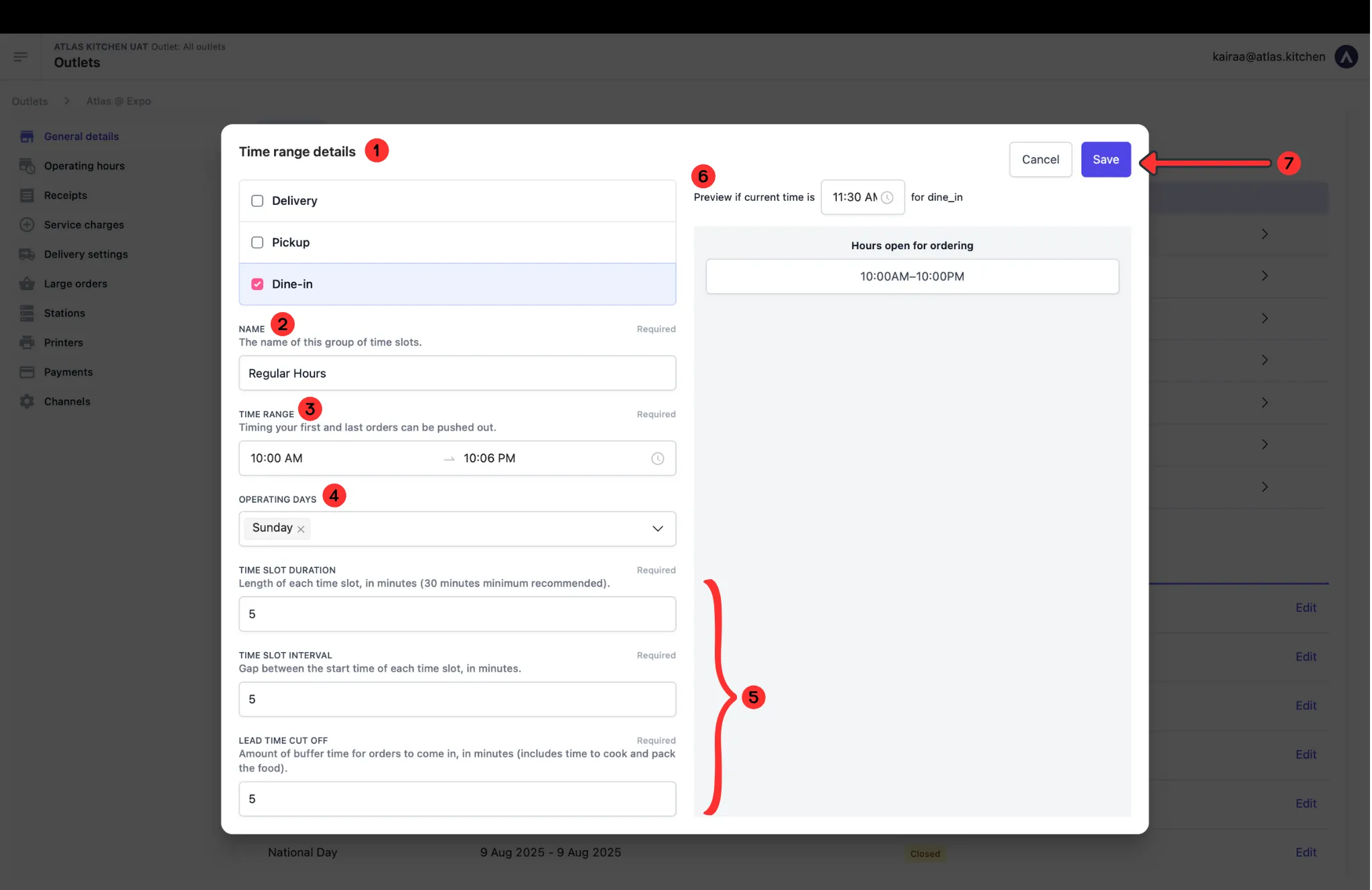 Service hours configuration form showing time range, operating days, and preview of how customers see hours