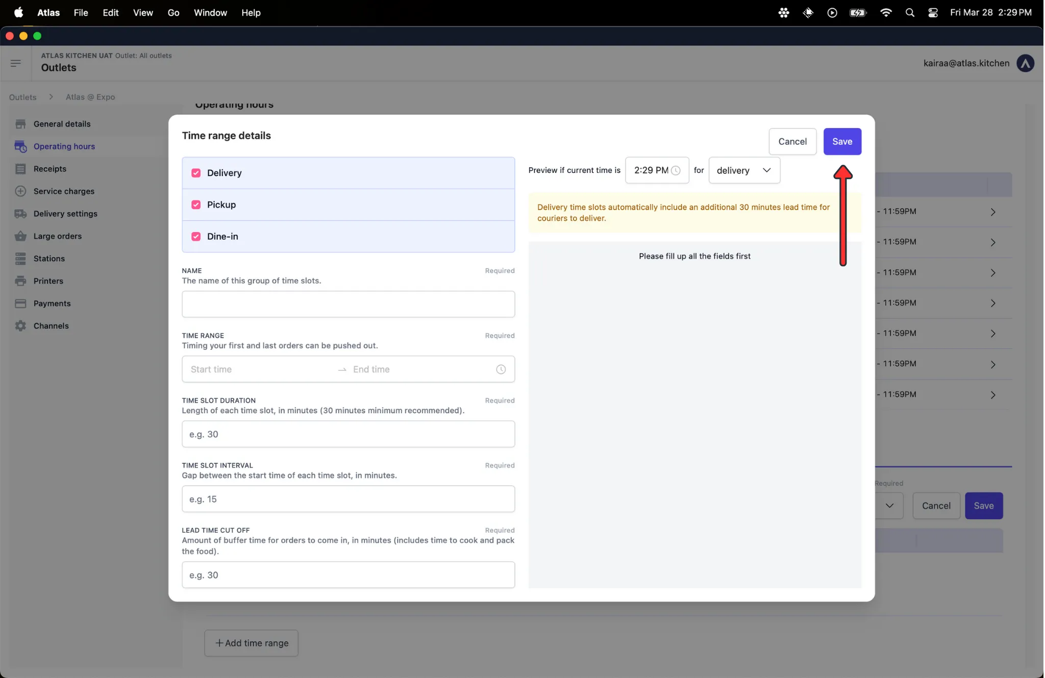 Time range configuration for special hours showing fulfilment type, time slot name, opening and closing times