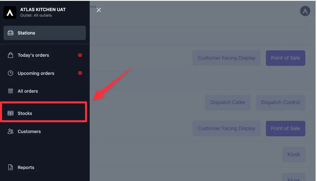 Sidebar navigation menu with Stocks option highlighted
