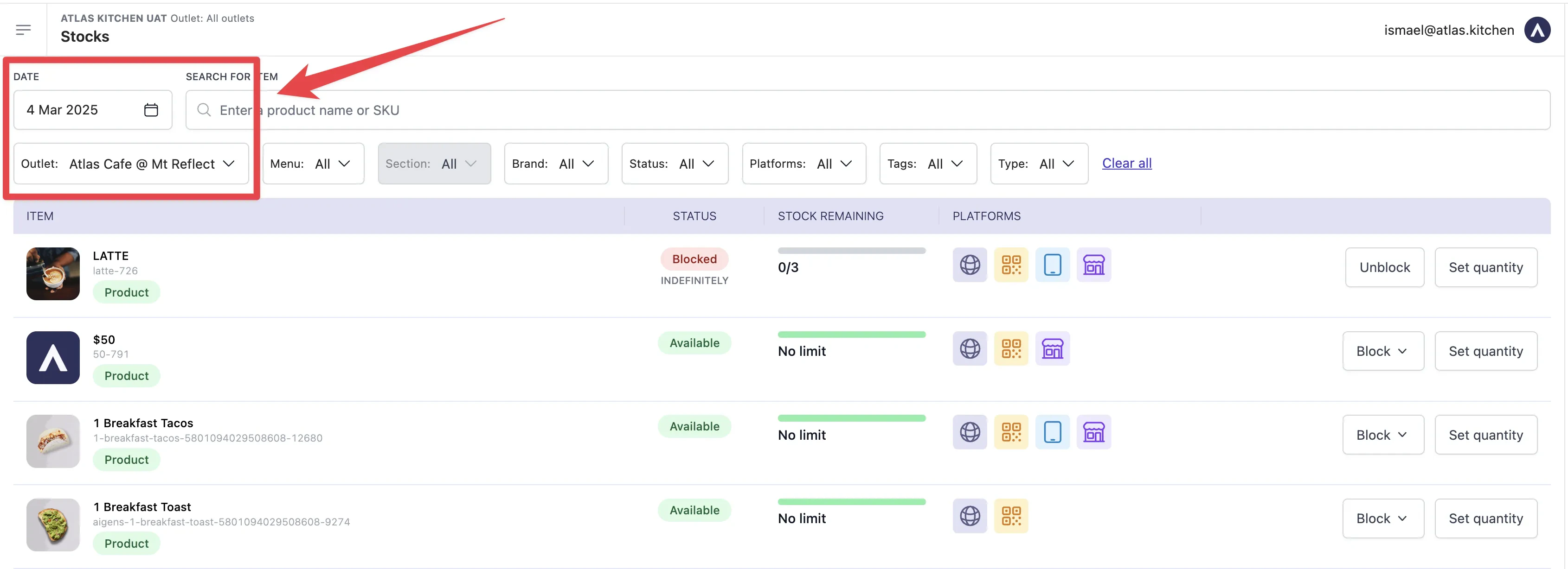 Stocks page showing date picker and outlet selector for managing inventory