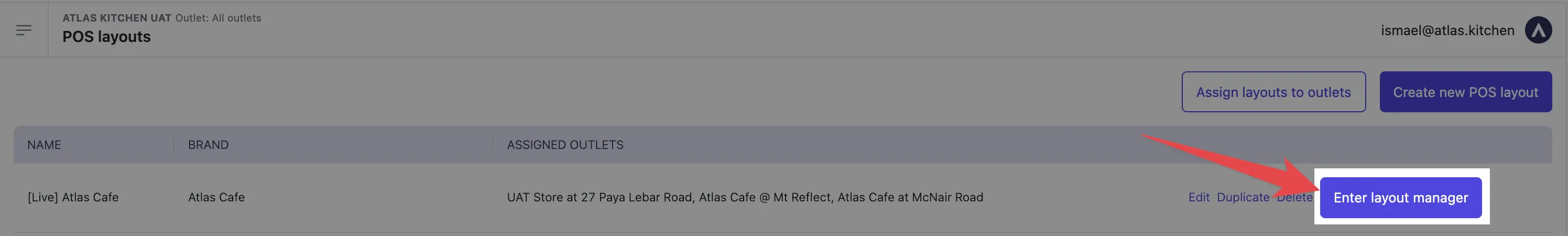 POS layout card showing Enter layout manager button to access layout editor and configure pages and tiles