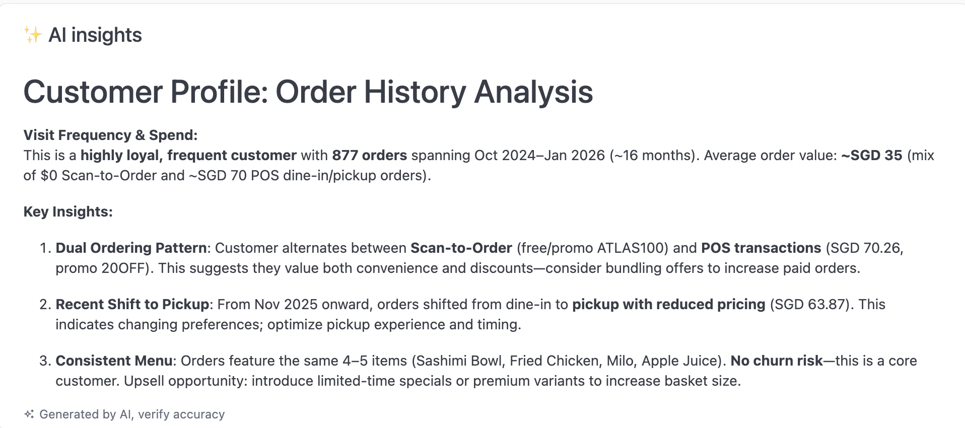 AI-generated customer profile with order history analysis, ordering patterns, and upsell opportunities