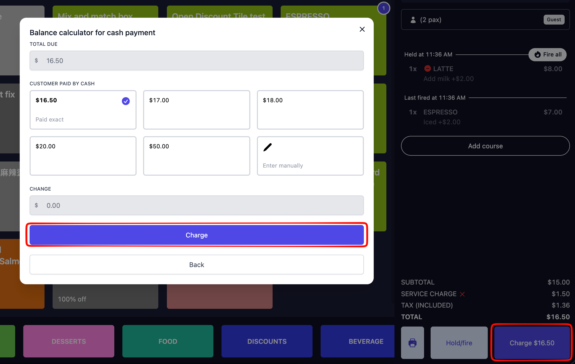 Atlas POS cash payment screen showing the total due of $16.50 and the Charge button highlighted