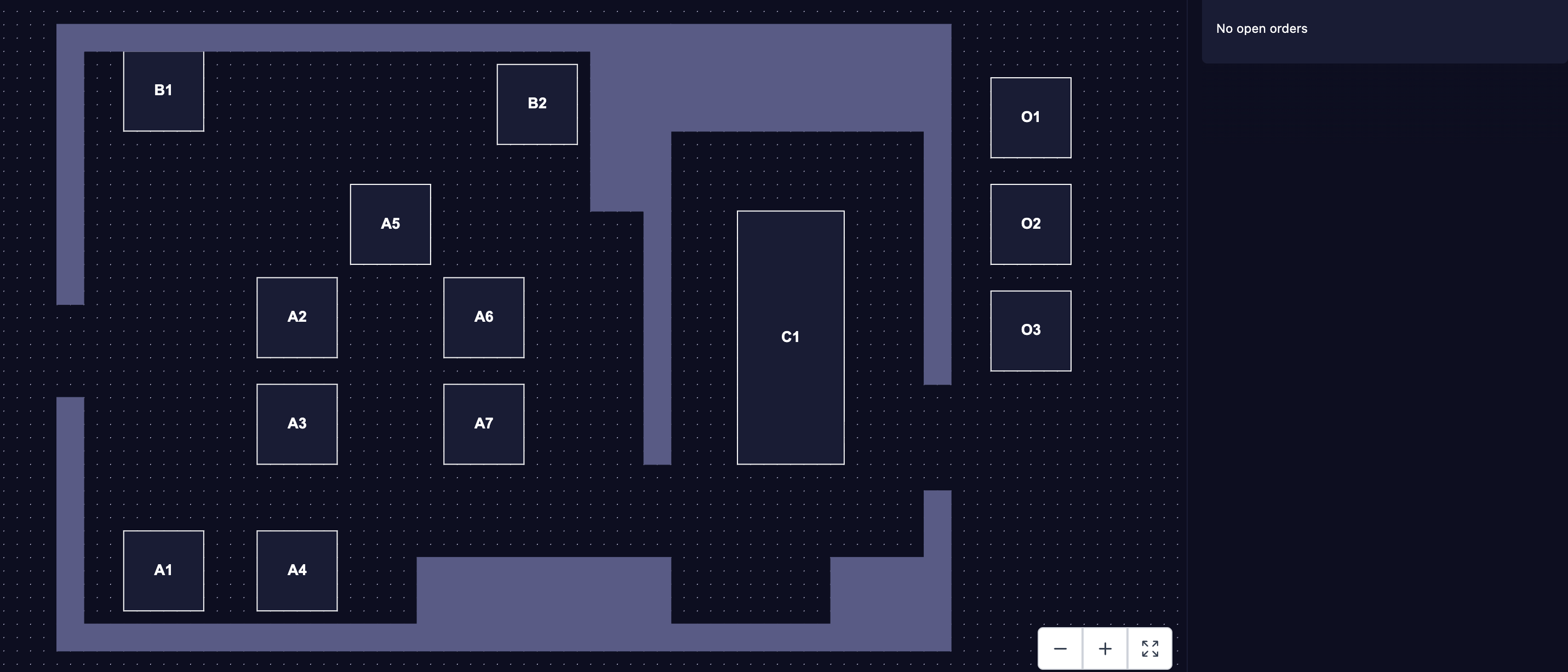 Atlas POS floor plan with table A4 no longer highlighted and the orders panel showing No open orders