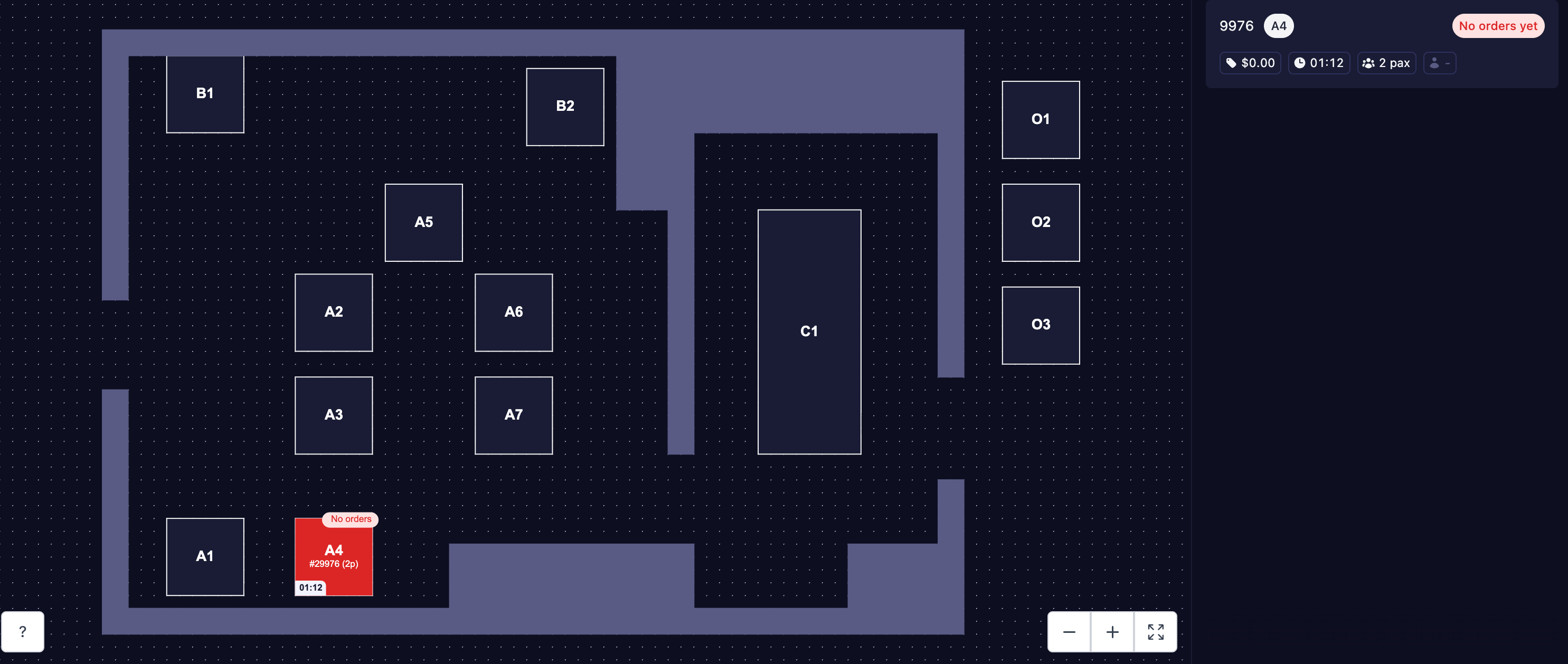 Atlas POS floor plan with table A4 highlighted in red, labelled No orders, party of 2, with the seated cart details shown in the panel on the right