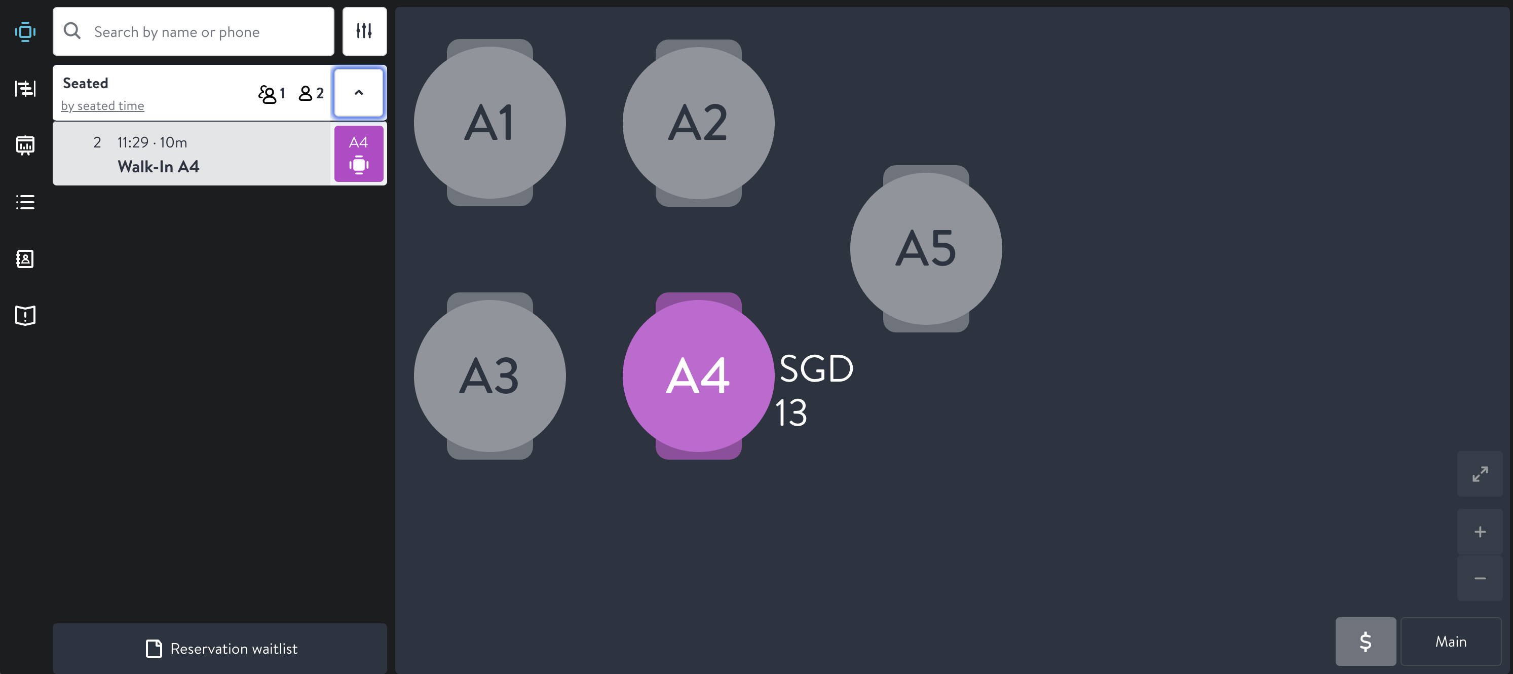 OpenTable floor plan with table A4 highlighted and its running total shown next to it
